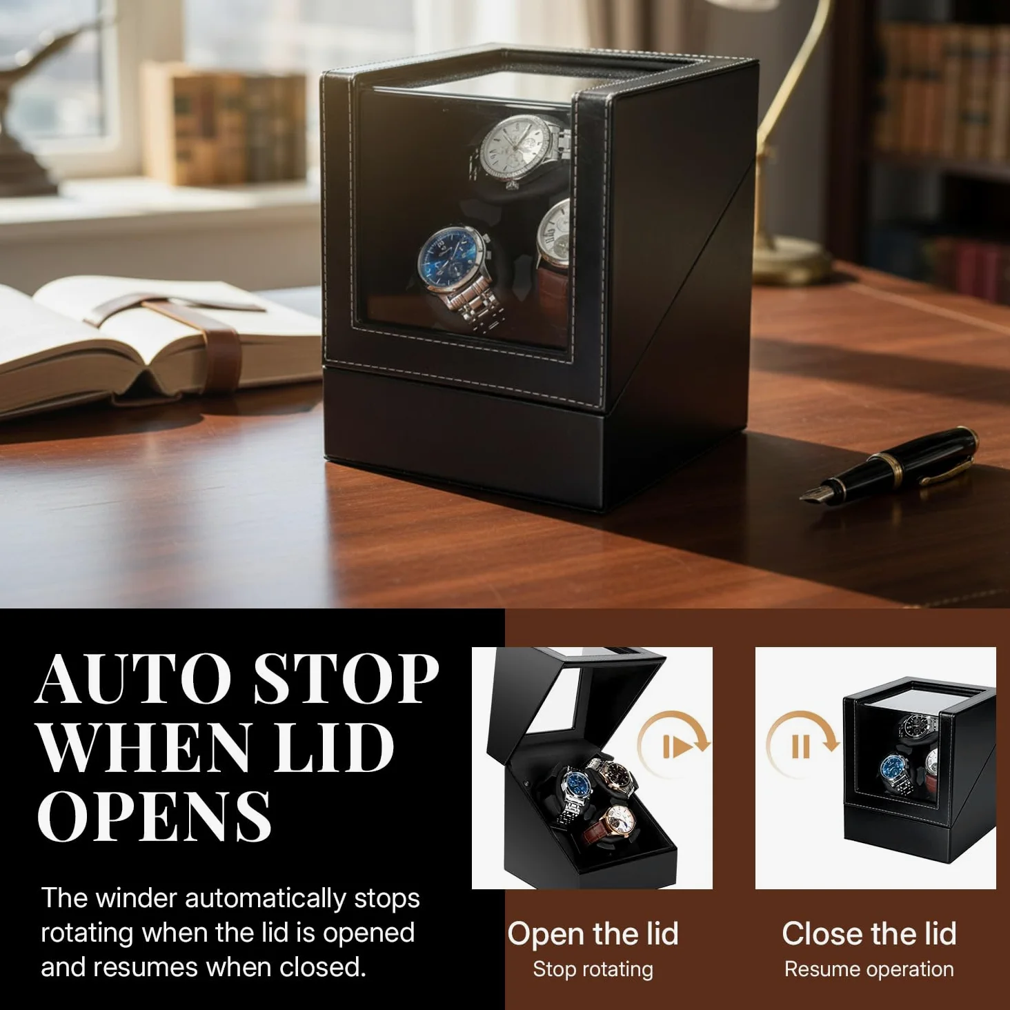 Mcbazel Automatischer Uhrenbeweger für 3 Uhren, Watch Winder Leder-Uhrenbox mit Silent-Motor, 2 Rotationsmodi, Display-Box für Uhrenkollektion