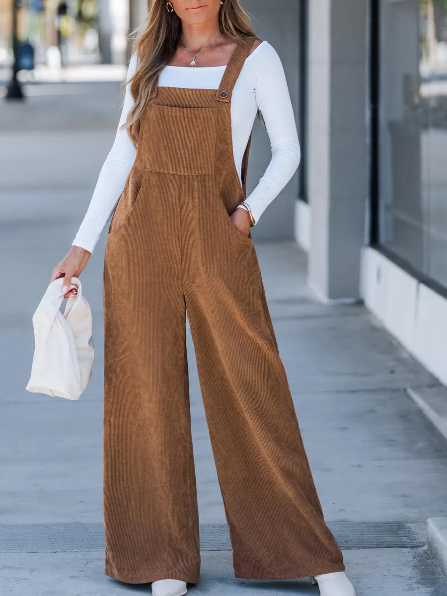 CUPSHE Damen Cord Latzhosen Ärmellos Overall Weites Bein Quadratischer Ausschnitt Jumpsuit Herbst Winter Outfit