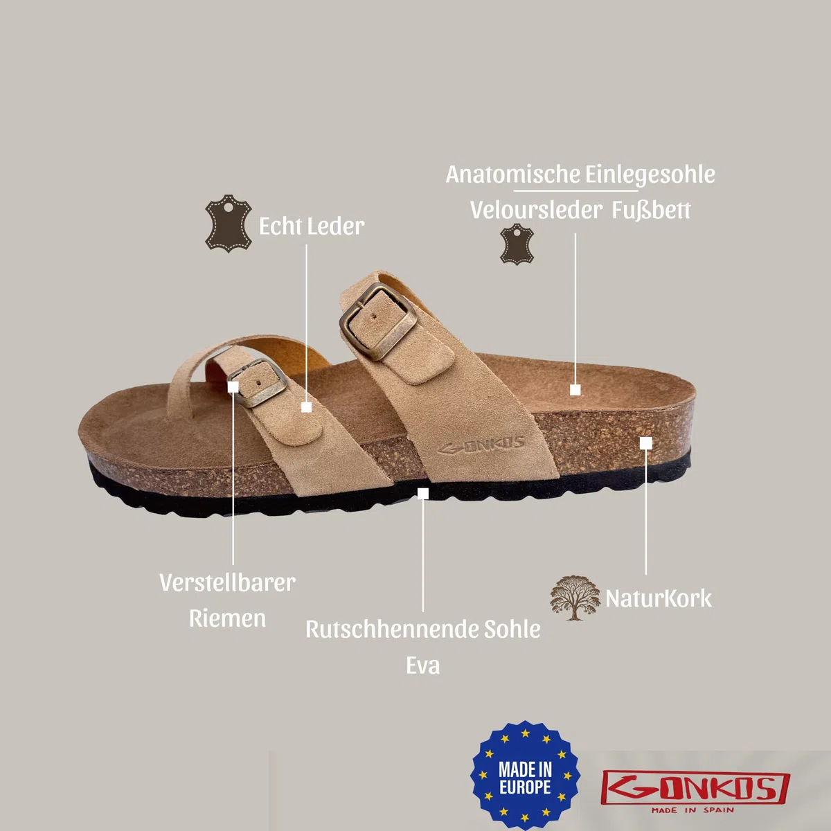 Leder Sandalen, anatomische Kork Einlegesohle, Echtes Leder, Naturkork, verstellbare Schnalle am Fuß, Unisex Zehentrenner, Qualitätssandale Made in Spain