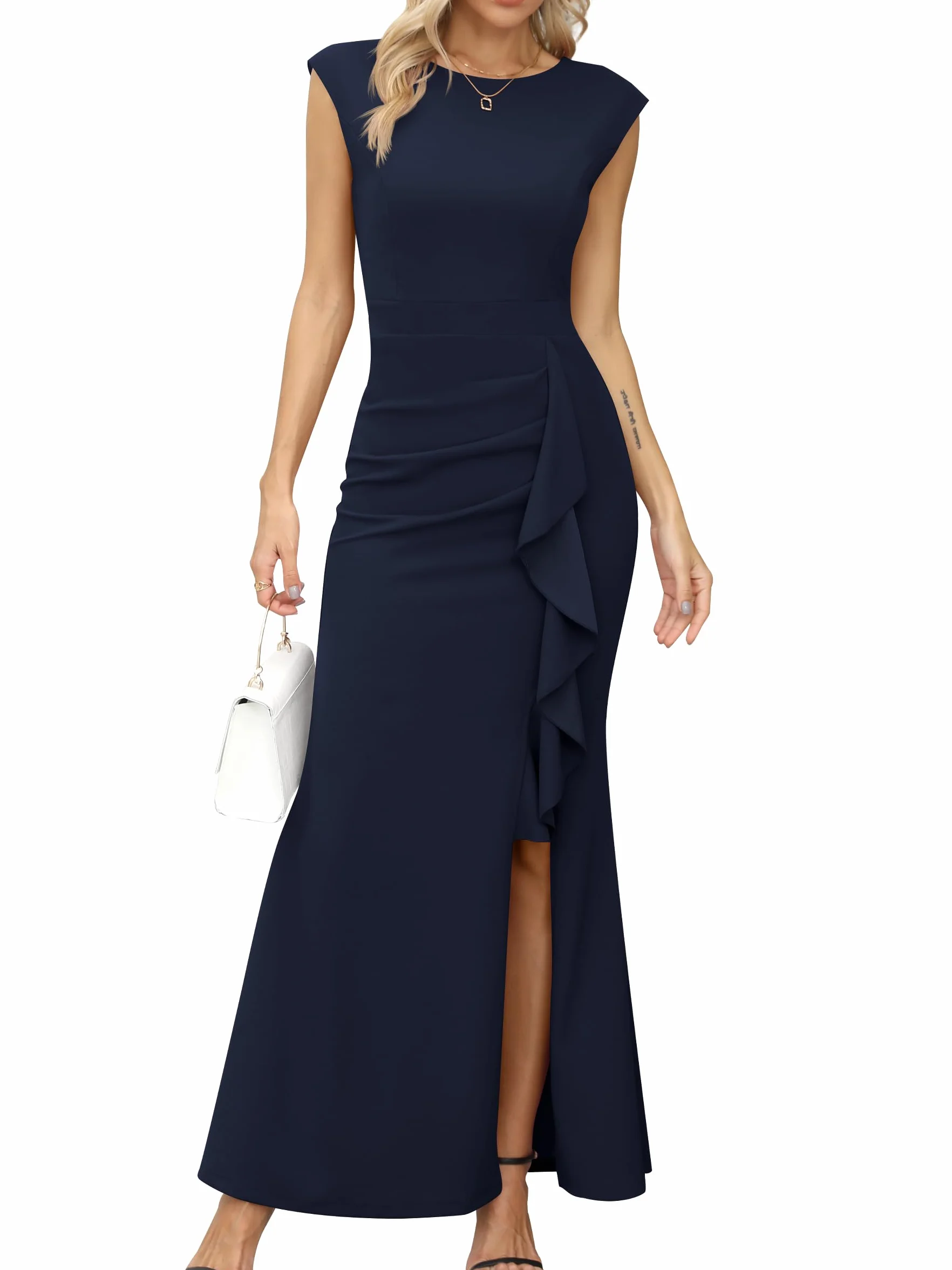 Missufe Damen Ballkleid Maxi Abendkleider Flügelärmel Cocktail Rüsche Schlitz Meerjungfrau Bodycon Hochzeit Festlich Kleid