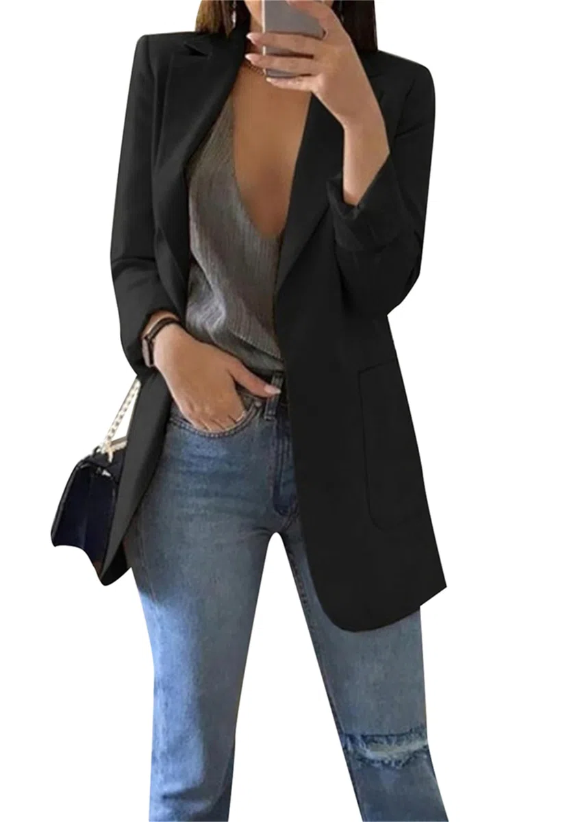 Damen Frühlings Kurz Mantel Jacke Mit Doppelter Seitentasche Elegant Langarm Blazer Mode Anzug Trenchcoat