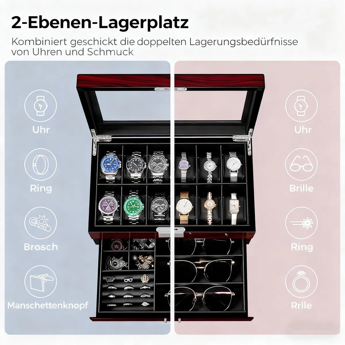 ANWBROAD Uhrenetuis Für Herren Uhrenbox Mit 12 Fächern und Großem Glasdeckel 2 Stufige Uhrenvitrine Abschließbarer Uhren Organizer Luxuriöser Uhrenhalter für Geschenk Geeignet JWB003Y