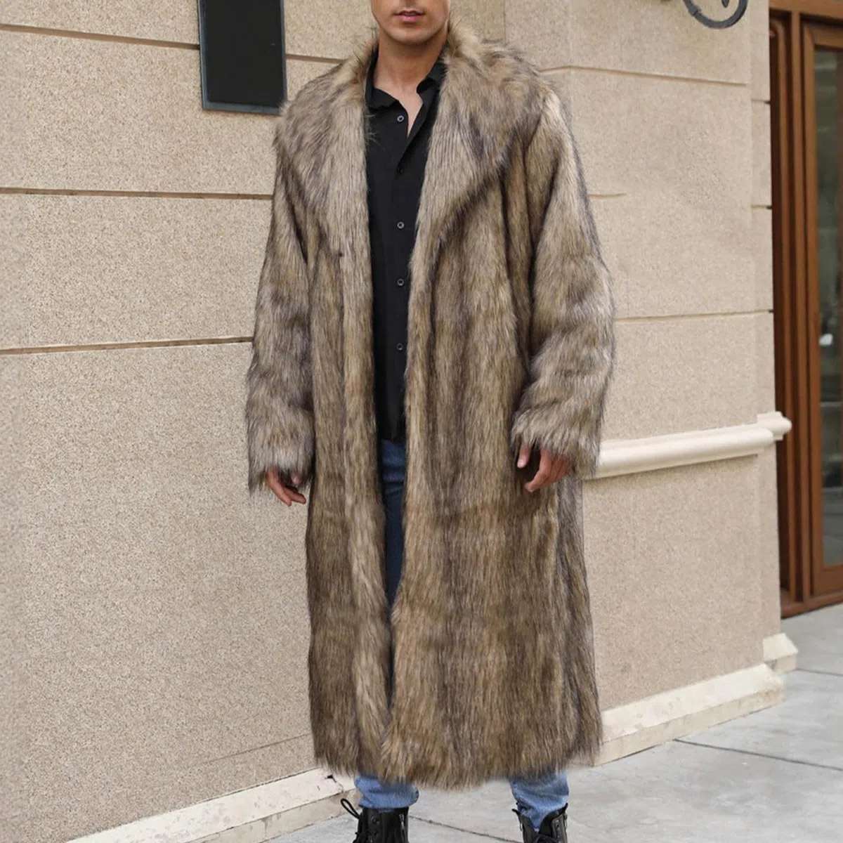KHIRVWL Herren Pelzmantel Mantel Reverskragen Elegant Wintermantel Warme Kunstpelz Flauschige Mode Mantel Oversize Wintermantel Faux Fur Flauschige Fellmantel Kunstpelzmantel Lang
