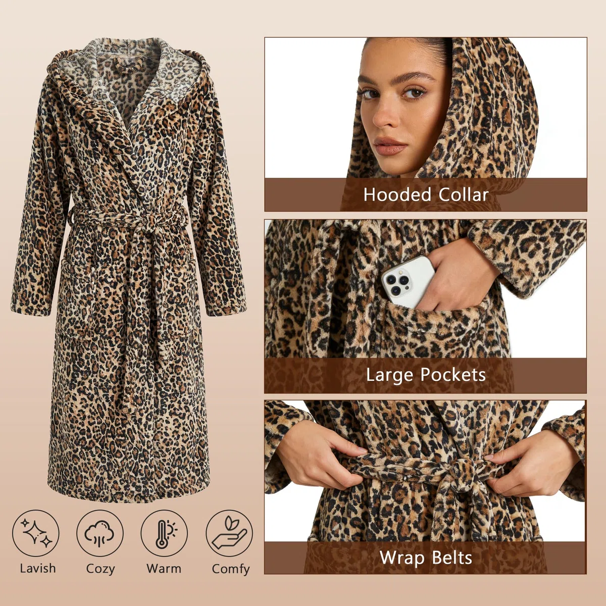 HEARTNICE Damen Fleece Bademantel mit Kapuze, weicher Plüsch Morgenmantel Bädemantel für Damen, flauschig süß Lange Hausmantel