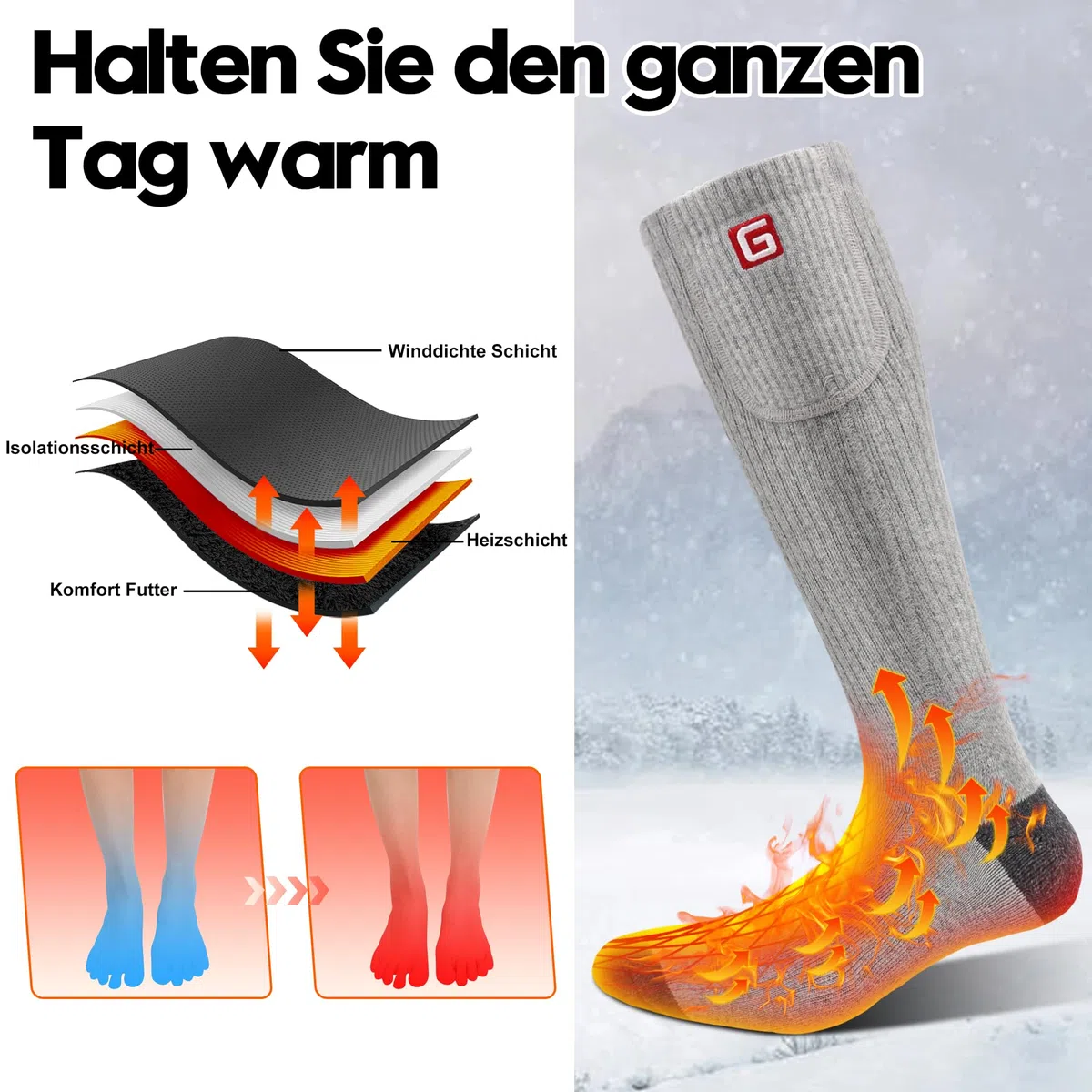 Svpro Beheizte Socken Herren Damen Wiederaufladbare mit Akku Elektrische Beheizbare Socken Winter Warme Socken Fusswärmer Batterie Heizsocken mit Akku,Waschbar Socken Beheizbar für Camping Jagd