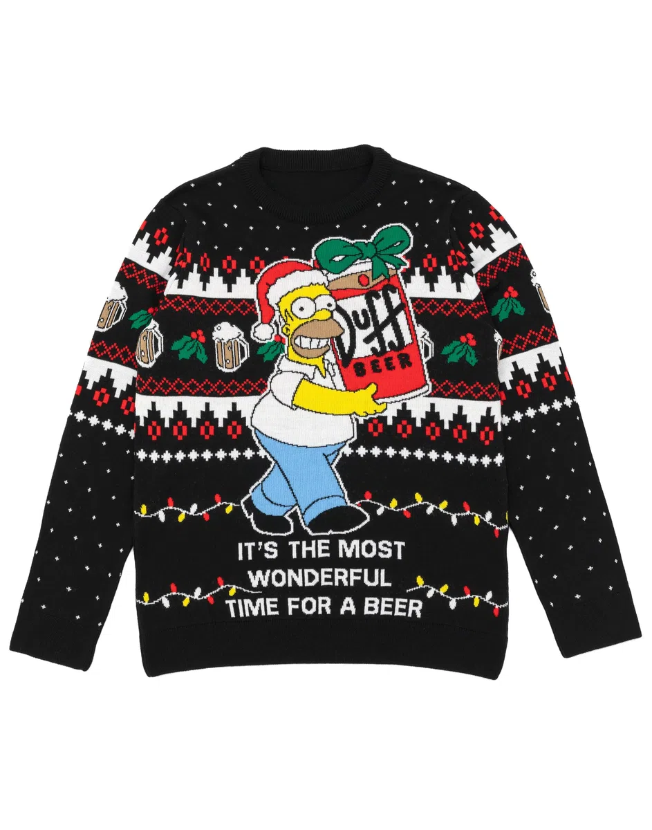 Simpsons Herren-Weihnachtspullover in Schwarz | Homer Simpson It's the Most Wonderful Time for a Beer Strickpullover für Erwachsene | Festlicher Weihnachts-Cartoon-Pullover aus Strickwaren