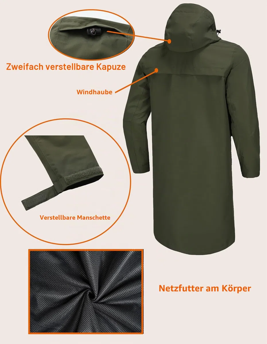 NORDIC OUTLAND Regenjacke für Herren, wasserdicht, atmungsaktiv, langer Regenmantel mit Kapuze, Netzfutter, Windbreaker für Outdoor-Aktivitäten