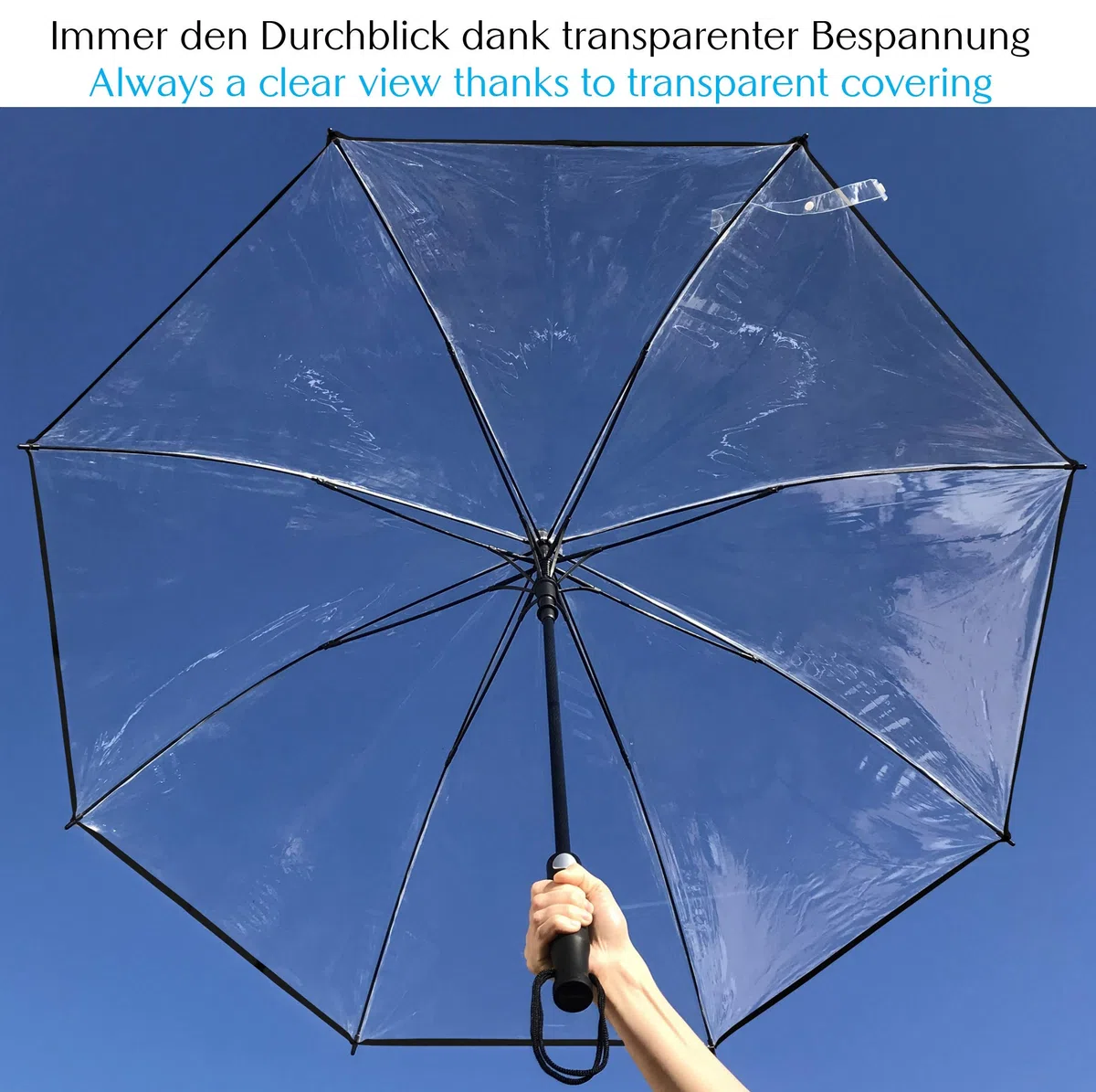 Regenschirm groß XXL Ø130 cm transparent, Komfort Druckknopf, mit Tragehülle, Automatik, Perfekt als durchsichtiger Partnerschirm oder Hochzeitsschirm - Rand schwarz