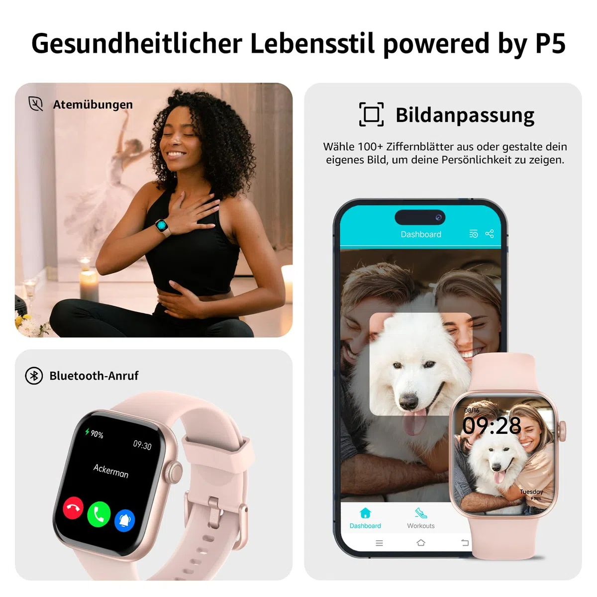 Smartwatch Damen Herren, 1,85" HD Touch Fitnessuhr mit Telefonfunktion, 140+Sportmodi Smart Watch Fitness Tracker mit Pulsmesser Schlafmonitor Schrittzähler, IP68 Wasserdicht Sportuhr für iOS Android