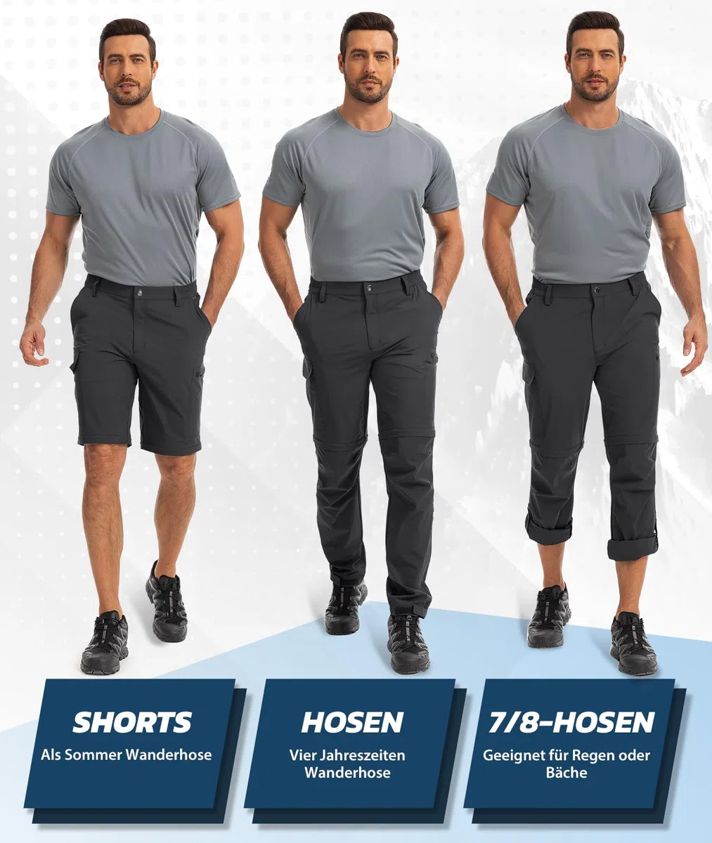 Hiauspor Wanderhose Herren Zip-Off Atmungsaktiv: Outdoor Softshellhose Nylon-Spandex Leicht Schnell Trocknend Sommer mit 5 Tiefen Taschen