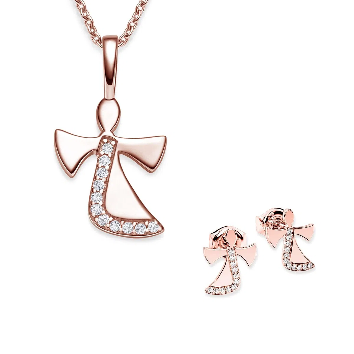 Schmuckset Mädchen Rosegold (Silber 925 vergoldet) Engel Kette Kommunion | Geschenke für Mädchen Schmuck Schutzengel Kette Kinder Geburtstag Taufe Geschenke zur Geburt Kinderkette Halskette Ohrringe