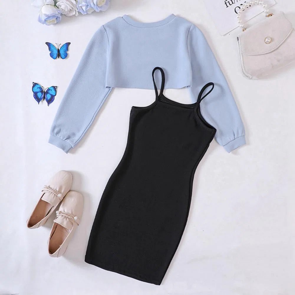 Zweiteiler Mädchen Bekleidungssets Outfit ärmelloses figurbetontes Cami Kleid & langärmliges Oberteil Crop Tops Sommer Teenager Mädchen Schmetterlings Kleider 122,128,134,140,146,152,158,164