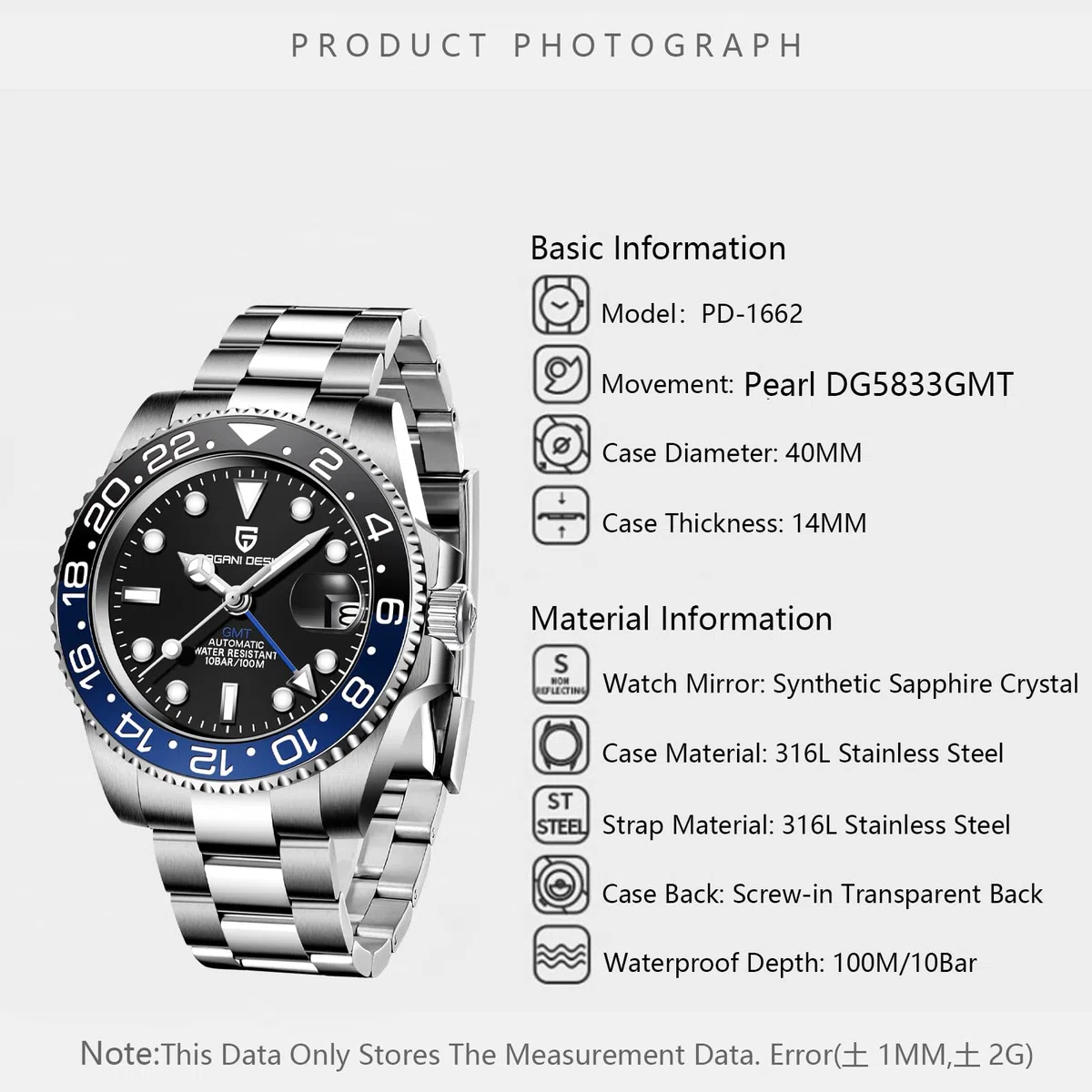 Pagani Design Herrenuhr Automatik Mechanische Uhr GMT Dual-Zeitzone Armbanduhren Edelstahl Zweifarbige Keramiklünette 100M Wasserdicht PD-1662