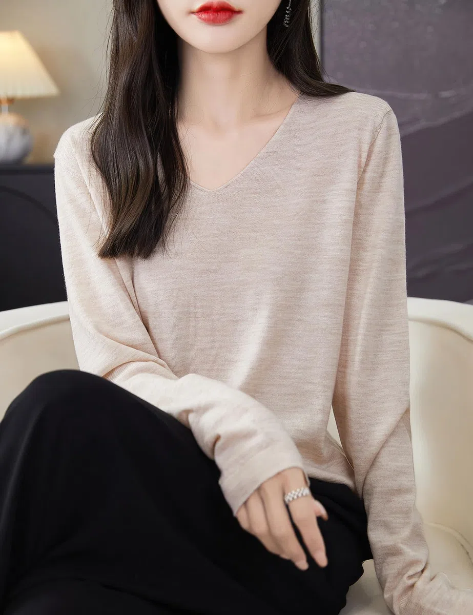 Chanyarn 100% Merino Wolle Shirt Damen Basisschicht V-Ausschnitt Langarm für Reisen Wandern T-Shirt Unterwäsche Oberteil