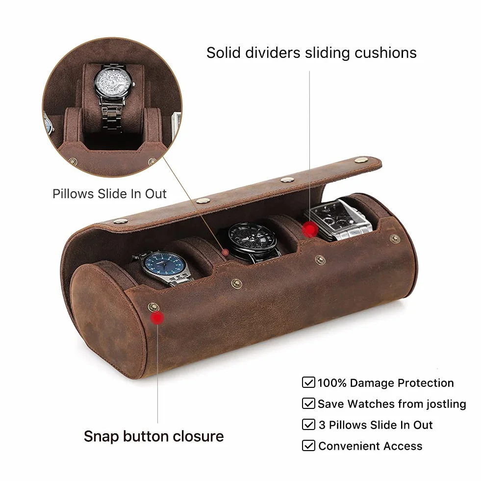 Hiram Echtes Leder 3 Uhren Reiseetui Rolle Handgefertigte Reiseaufbewahrung Uhrenbox Tragbarer Schmuck Organizer