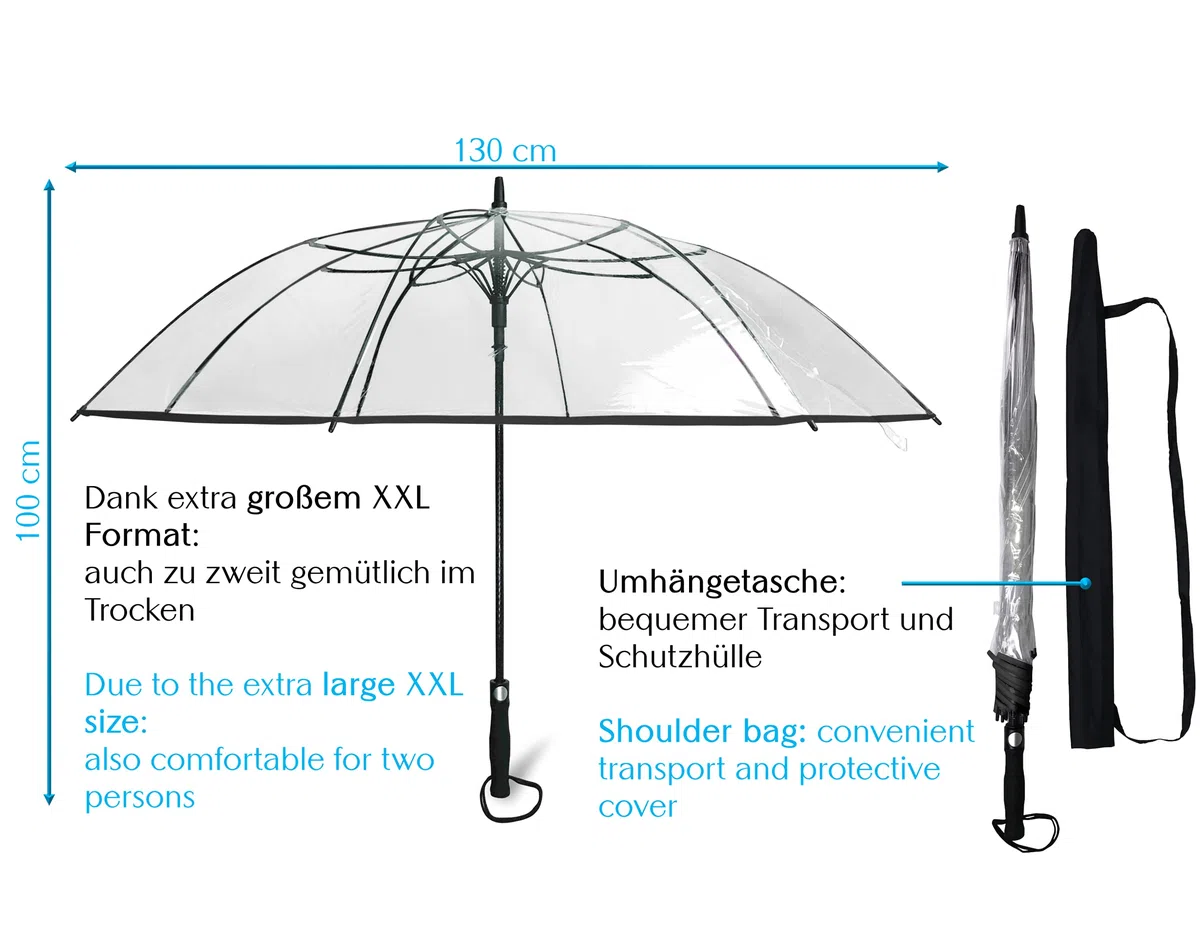 Regenschirm groß XXL Ø130 cm transparent, Komfort Druckknopf, mit Tragehülle, Automatik, Perfekt als durchsichtiger Partnerschirm oder Hochzeitsschirm - Rand schwarz