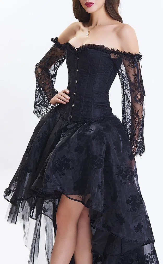 EUDOLAH Damen Schwarz Korsagen Gothic Taille Korset Lang Hauch Bluse Mini Korsett kurz Party Steampunk inkl. und Korsett Top