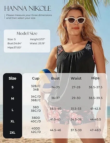Hanna Nikole Damen Sportlich Tankini Set, Freizeit Zweiteiliger Badeanzug, Sommer Blumenmuster Bademode, Texturen Gepolsterter Oberteil mit Shorts
