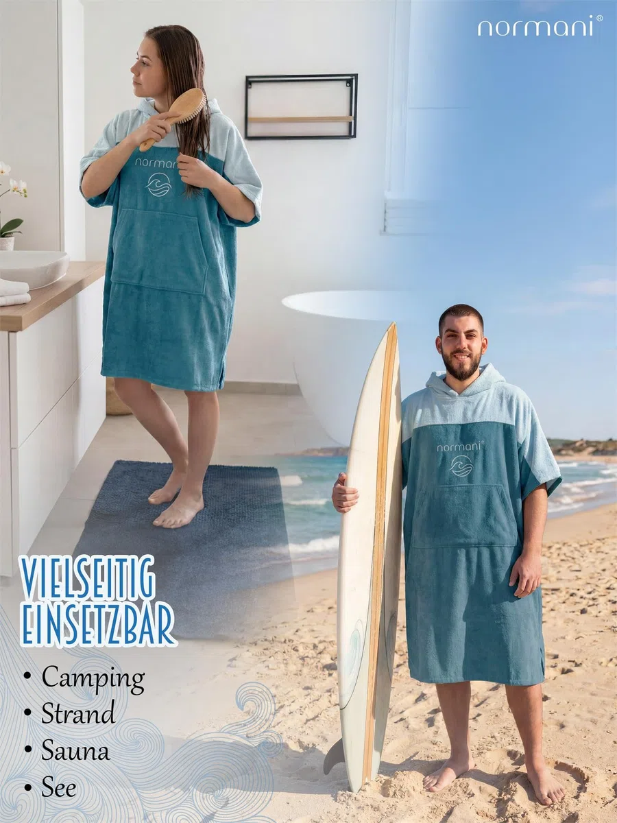 normani Badeponcho für Erwachsene aus Bio-Baumwolle - Strandponcho Surfer-Poncho mit Kapuze - Strand Umziehhilfe für Herren und Damen
