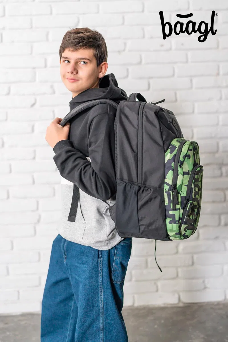 Baagl Schulrucksack Set 3 Teilig Rucksack Grundschule Daypack 35 l Green | Ergonomischer Großer Ranzen mit Brustgurt und Laptopfach für Jungen Mädchen Teenager bietet ein Kühlfach für Schulbücher.