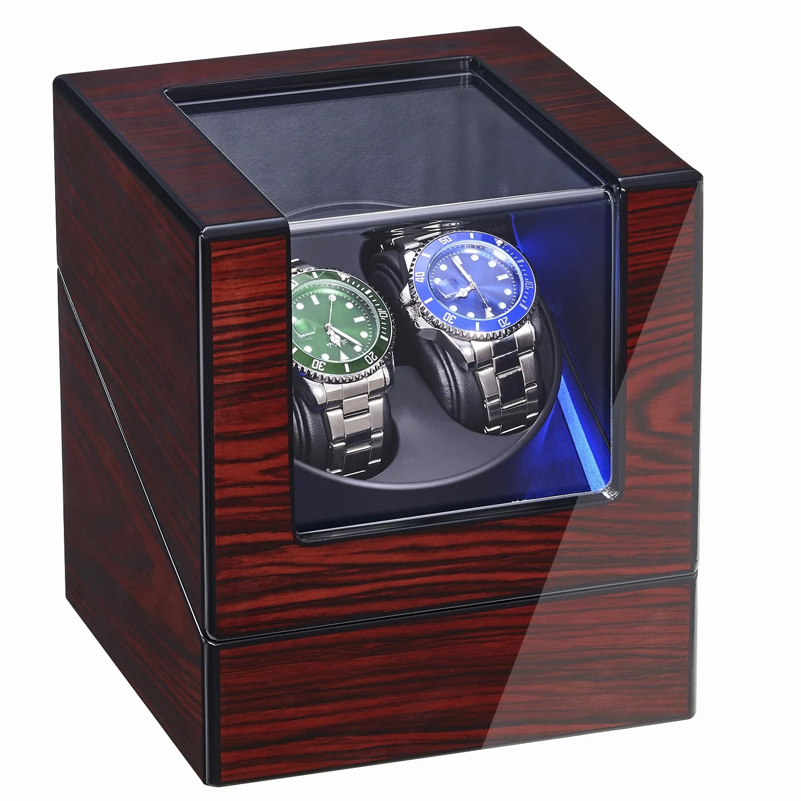 ANWBROAD Automatik Uhrenbeweger 2 Uhren,Automatic Watch Winder,Uhrendreher mit Leisem Motor,4 Rotationsmodi,LED-Beleuchtung,Uhrenbeweger mit Batterie oder Netzteil,Rote Holzoptik Klavierlack JWW001Y