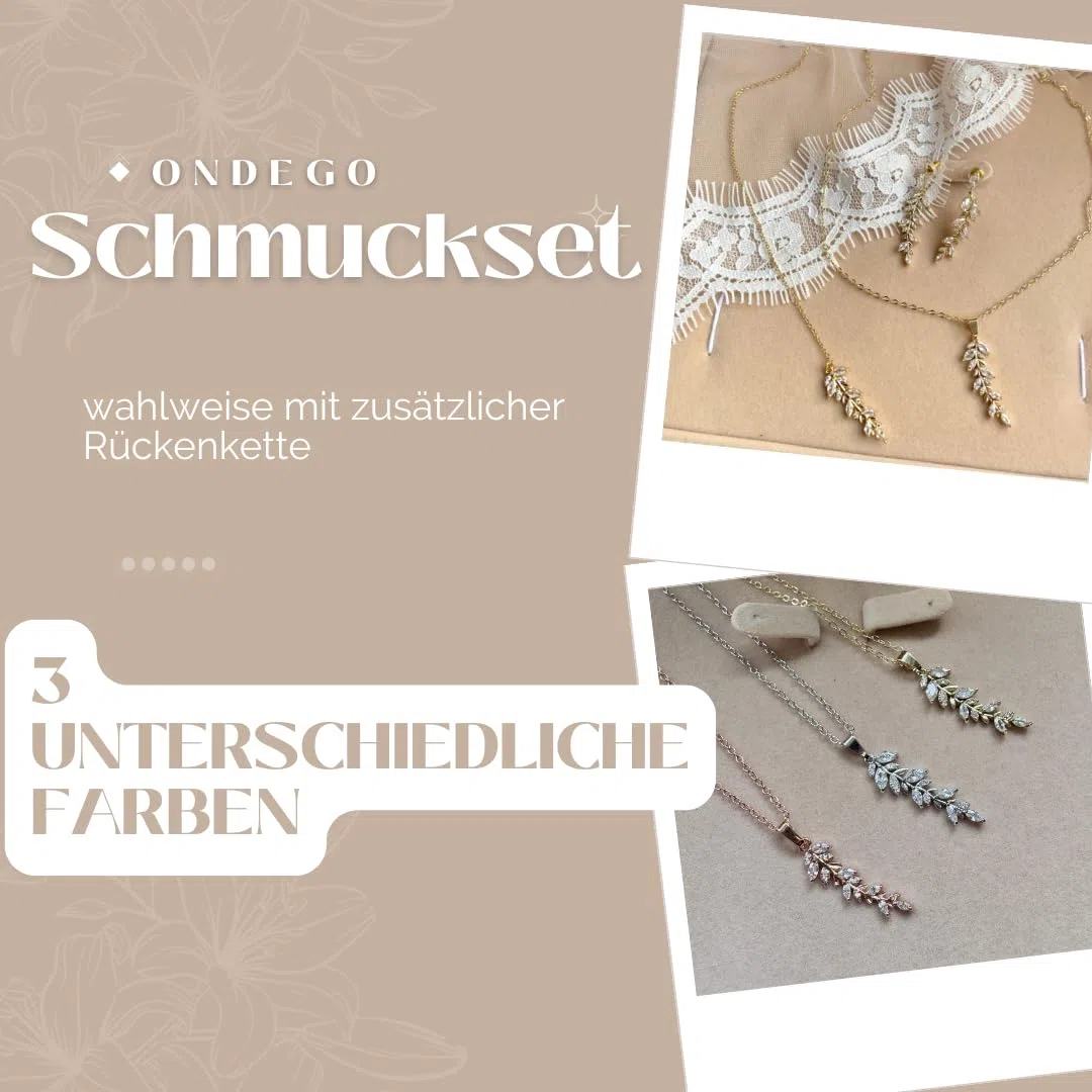 Elegantes Brautschmuck Set mit Zirkonia, Halskette und Ohrringe, Gold Silber oder Rosegold, Rückenkette abnehmbar, Schmuckset, Blatt, Blätter, Hochzeit