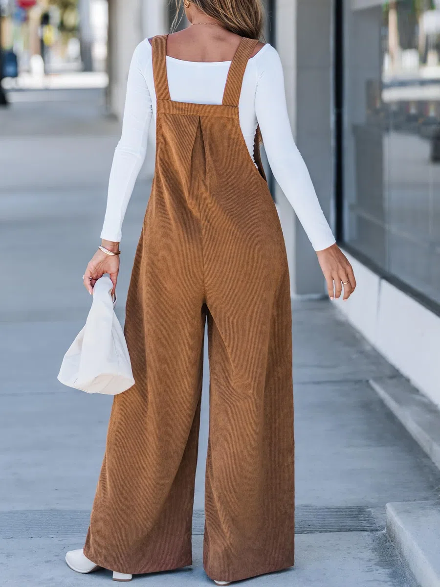CUPSHE Damen Cord Latzhosen Ärmellos Overall Weites Bein Quadratischer Ausschnitt Jumpsuit Herbst Winter Outfit
