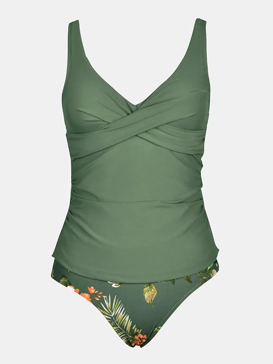 CUPSHE Damen Tankini Set V Ausschnitt Wickeloptik Crossover Tankini Mid Waist Bauchweg Raffung Bademode Zweiteiliger Badeanzug Swimsuit