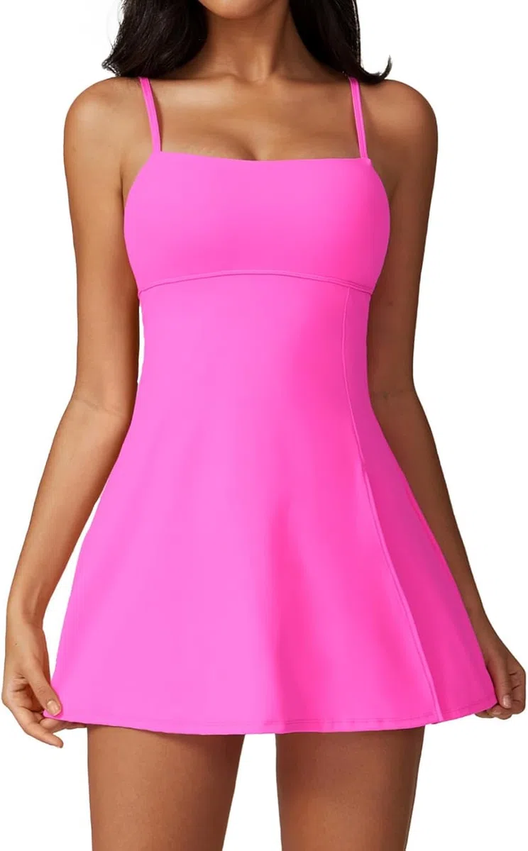 2-in-1-Sportkleid mit geteiltem Saum, rückenfreies Tenniskleid für Damen, Spaghettiträger, Workout-Seitenschlitz, athletische Golfkleider, Kleider mit integriertem BH und Shorts
