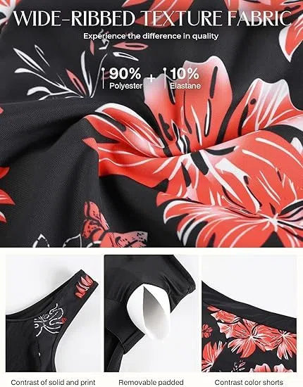 Hanna Nikole Damen Sportlich Tankini Set, Freizeit Zweiteiliger Badeanzug, Sommer Blumenmuster Bademode, Texturen Gepolsterter Oberteil mit Shorts