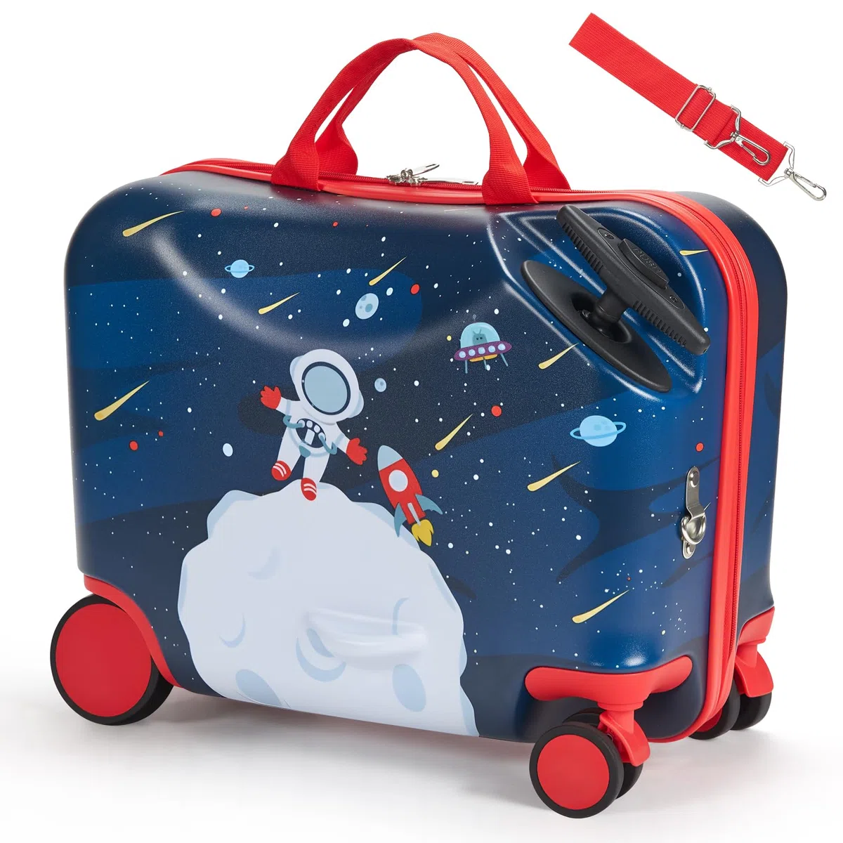 VEVOR Handgepäck Kinderkoffer, 26 L Fassungsvermögen, Hartschalenkoffer mit Rollen zum Draufsitzen, Verstellbarer Schultergurt, Kinderreisetasche für Kinder ab 3 Jahren, Blau und Weiß