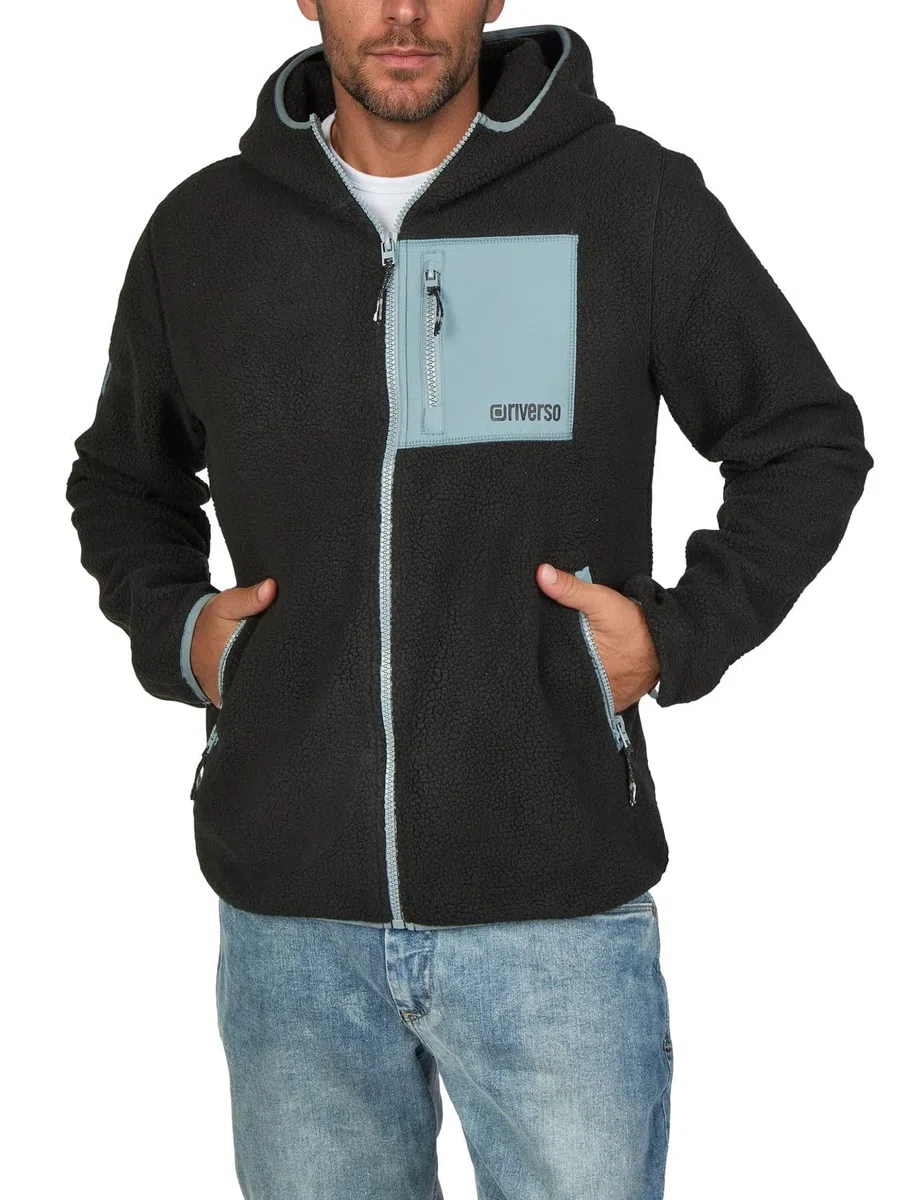 riverso Fleecejacke Herren mit Kapuze Regular Fit RIVLennox Teddyfleece Kapuzenjacke Winterjacke Übergangsjacke Stehkragen Schwarz Grün Grau S M L XL XXL 3XL 4XL 5XL