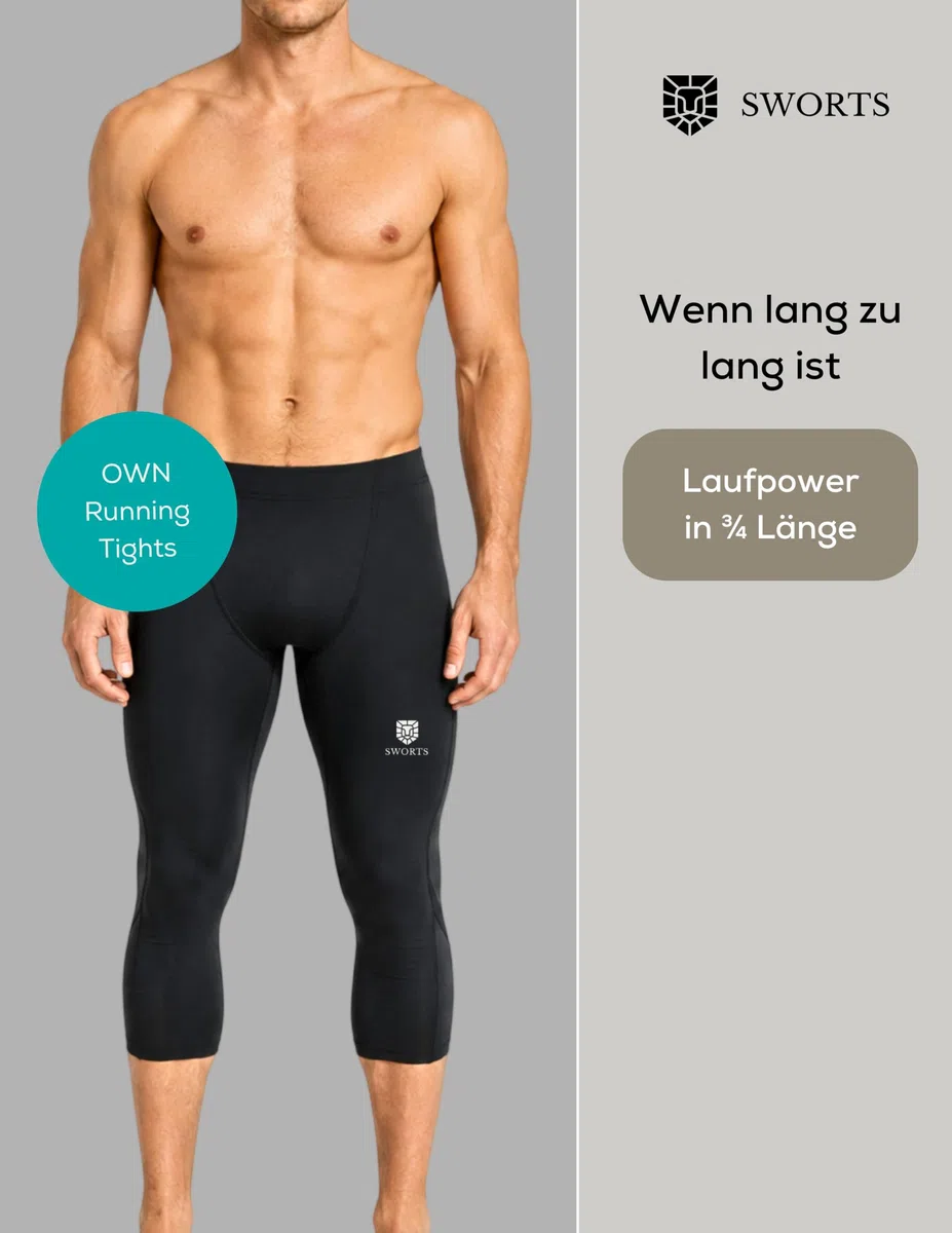 OWN Lauftights Herren · 3/4 Leggings Sport aus Premium Dry-Breathe Faser · Capri Kompressions Laufhose