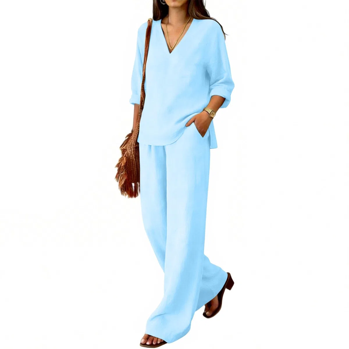 Zweiteiler Damen Sommer Musselin Bluse Hosenanzug 2 Teiler Leinen Hemd Elegant Lounge Set Leicht Loungewear Anzug Freizeitanzug Strand Outfit Kleidung,Jogginganzug Damen Set,Leicht Casual