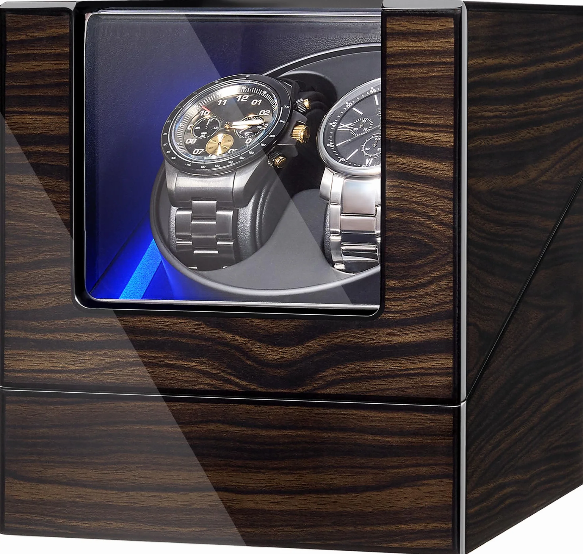 ANWBROAD Uhrenbeweger 2 uhren,Automatik uhrenbeweger mit Leiser Motor,4 Drehmodis,LED-Licht,Batteriebetrieb oder USB-Betrieb Uhrendreher,Watch Winder,Ebenholzmaserung Pianolackierung,JWW001E