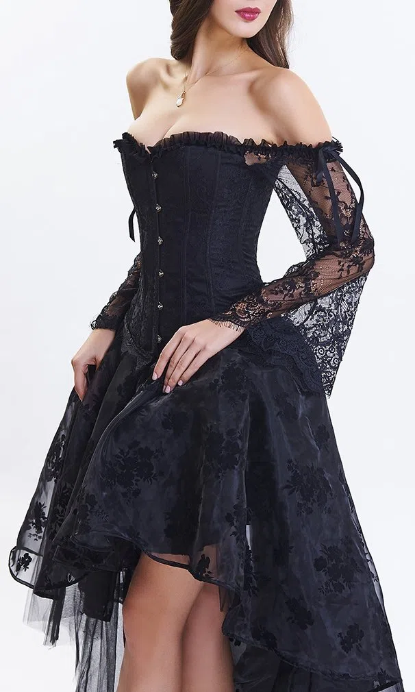 EUDOLAH Damen Schwarz Korsagen Gothic Taille Korset Lang Hauch Bluse Mini Korsett kurz Party Steampunk inkl. und Korsett Top