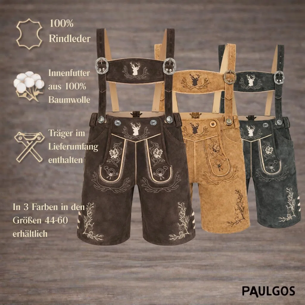PAULGOS Herren Trachten Lederhose HK3 + Träger, Echtes Leder, Gr. 44-60