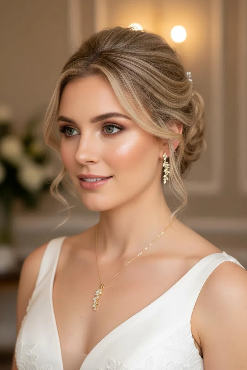 Elegantes Brautschmuck Set mit Zirkonia, Halskette und Ohrringe, Gold Silber oder Rosegold, Rückenkette abnehmbar, Schmuckset, Blatt, Blätter, Hochzeit