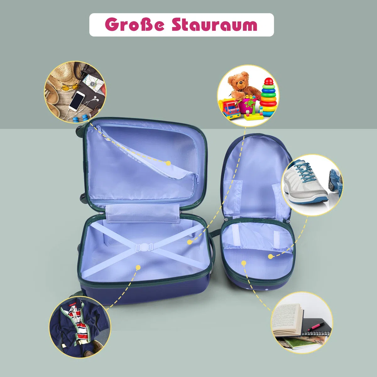 DREAMADE 2 TLG. Kinderkoffer & Rucksack, 16” +12” Kinderkofferset, Kindertrolley Kindergepäck, Handgepäck Reisegepäck Hartschalenkoffer für Kinder (Dunkelblau, 16 Zoll +12 Zoll)