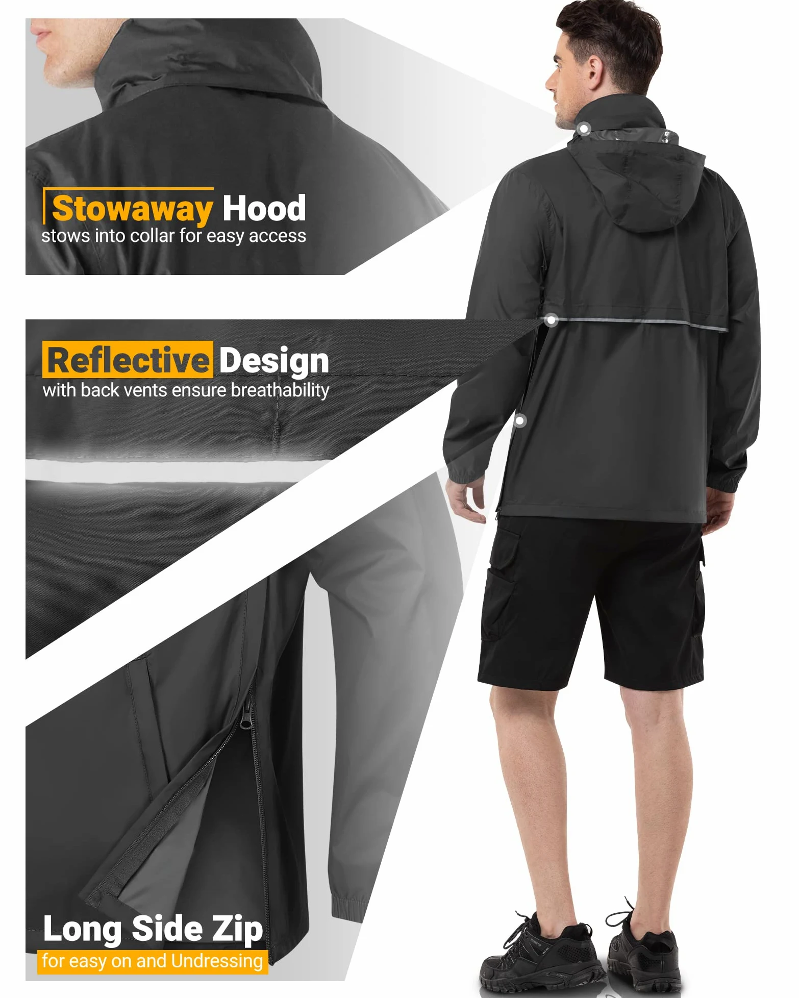 Outdoor Ventures Herren Regenjacke Wasserdichter Pullover mit Kapuze Packbare Reflektierende Jacke Leichte Fahrrad Windjacke Atmungsaktive Softshelljacke für Wandern Laufen Outdoor