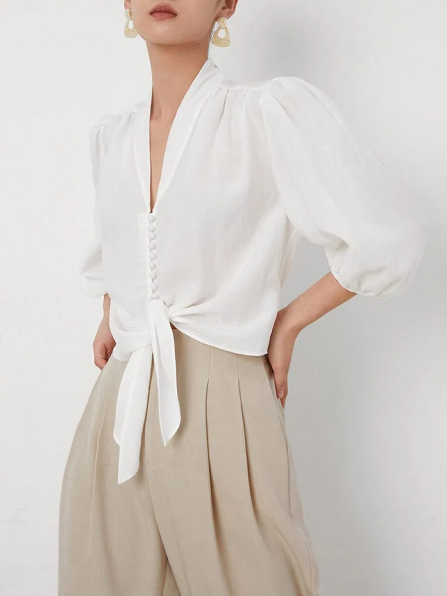 MIDJ Damen-Hemd Mit Knopfleiste,Damen Vintage Puffärmel Shirt Halbe Ärmel Weiß V-Ausschnitt Blusen Elegant Lässig Modische Kleidung Button-Down-Tops Party-Tops Lässige Büro-Bluse Für Mädchen Damen