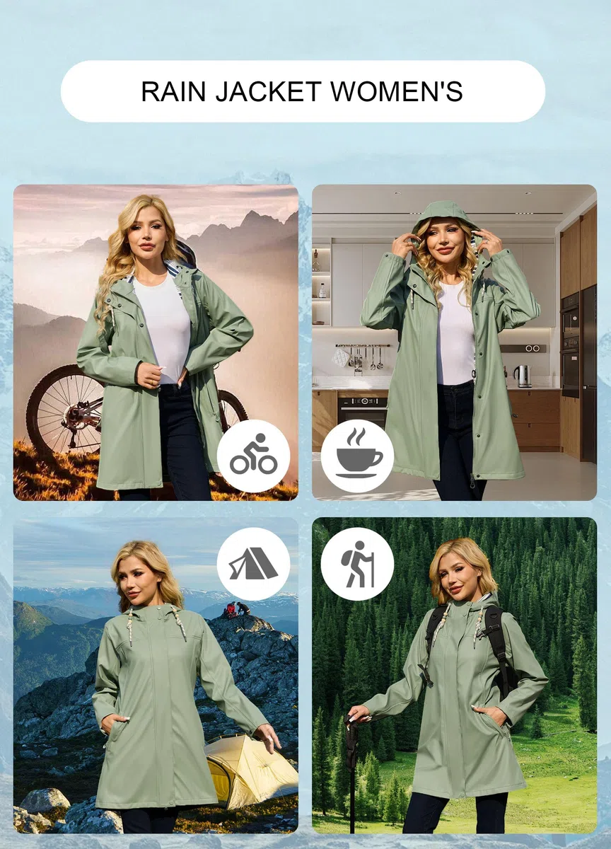 ATLASLAVA Regenjacke Damen Wasserdicht Lange Atmungsaktiv Regenmantel Gefütterte Windbreaker Übergangsjacke PU Outdoor Wandern Softshelljacke