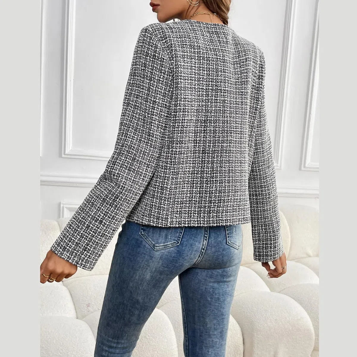 Damen Tweed Blazer Jacke – Langarm, Große, Rundhals, Business Casual Mantel, Chic und Komfortabel für Jede Gelegenheit