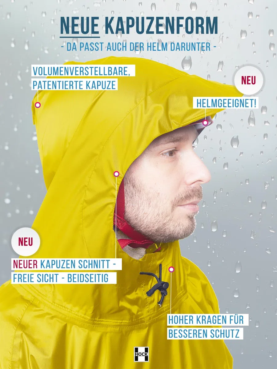 HOCK Premium E-Bike Poncho, Regenponcho mit Ärmel für Fahrrad und E-Bike - für Helme geeignet - Regencape 100,0% wasserdicht, Fahrradponcho
