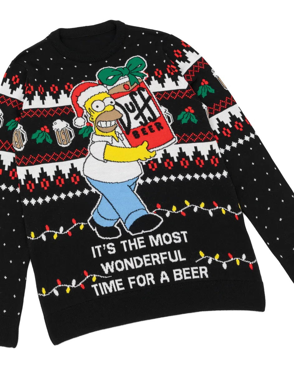 Simpsons Herren-Weihnachtspullover in Schwarz | Homer Simpson It's the Most Wonderful Time for a Beer Strickpullover für Erwachsene | Festlicher Weihnachts-Cartoon-Pullover aus Strickwaren