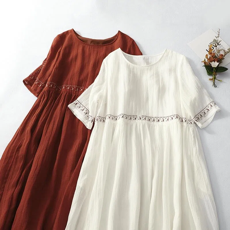 JYHBHMZG Literarisches Retro-Kleid aus Ramie-Locker gestickt Schwingrock lang für Urlaub Kunst