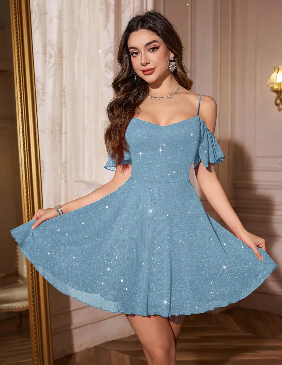 Meetjen Damen Sparkly Off Shoulder Ballkleid 2025 A-Linie Tüll Spaghettiträger Kurze Cocktailkleider