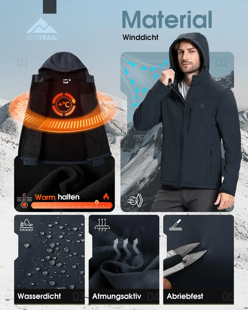 Softshelljacke Herren Wasserdicht Übergangsjacke Atmungsaktive Regenjacke Outdoorjacke Wanderjacke Funktionsjacke mit kapuze