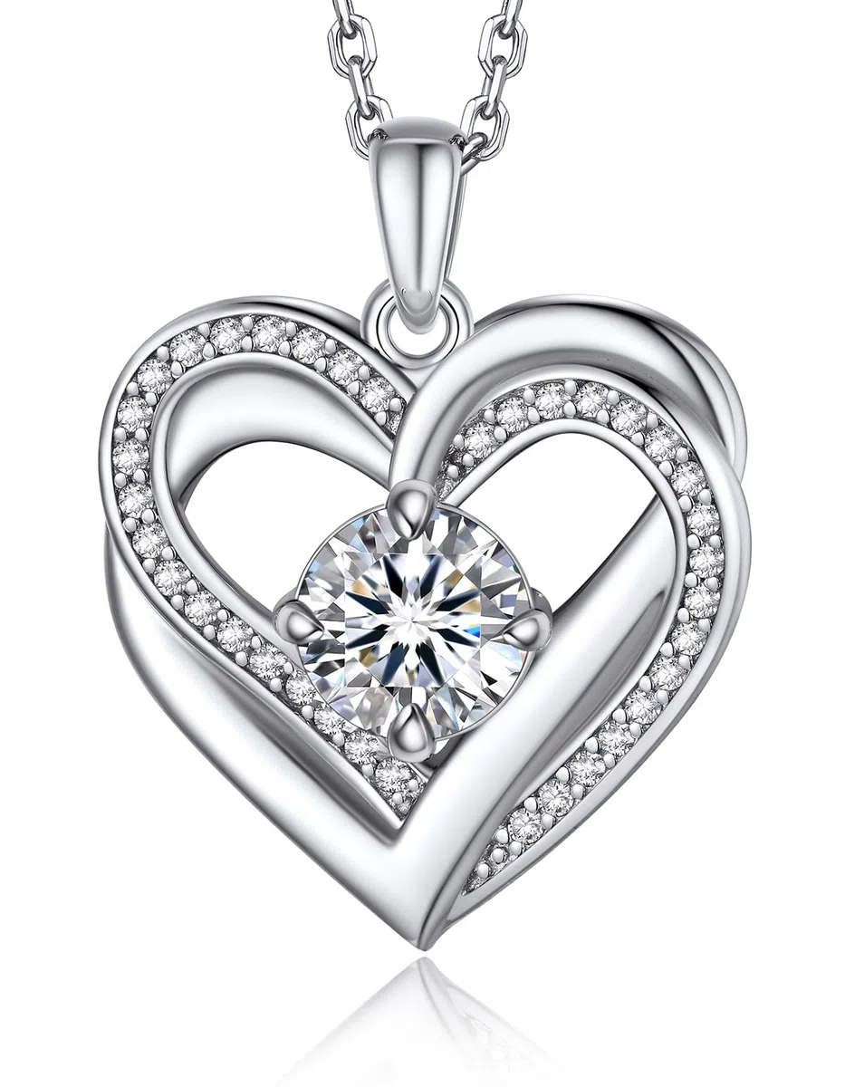 MomentWish Halskette Damen Silber 925, 1 Karat Moissanite Kette Diamant Silberkette mit Herz Anhänger Rosegold Schmuck Geschenk für Frauen Freundin Mama