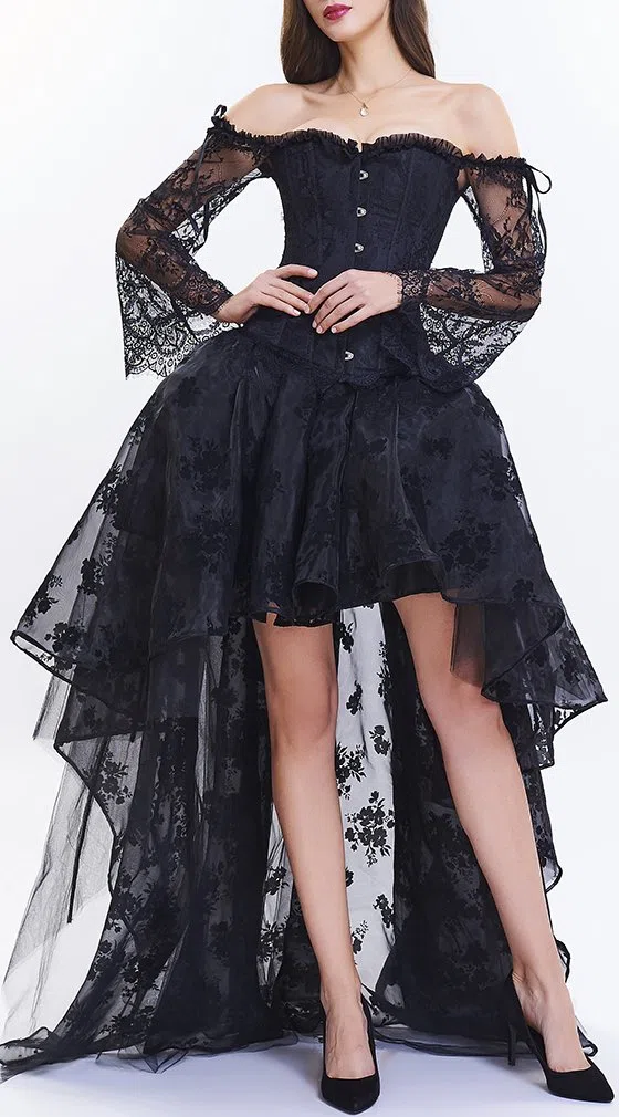 EUDOLAH Damen Schwarz Korsagen Gothic Taille Korset Lang Hauch Bluse Mini Korsett kurz Party Steampunk inkl. und Korsett Top